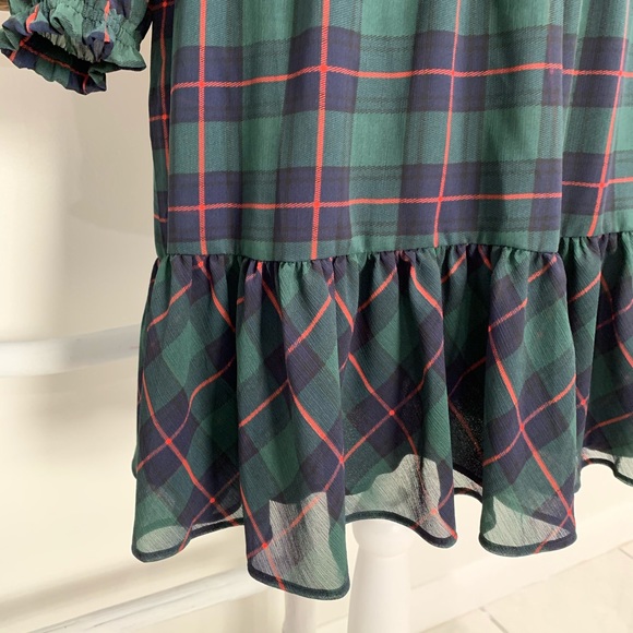 J.Crew Plaid Ruffled Dress, Large Petite, Green Chiffon, Cinched Waist - Picture 6 of 9
